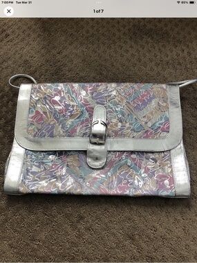 Vintage Silver Metallic Trim Pastel Pattern Shoulder Bag Clutch